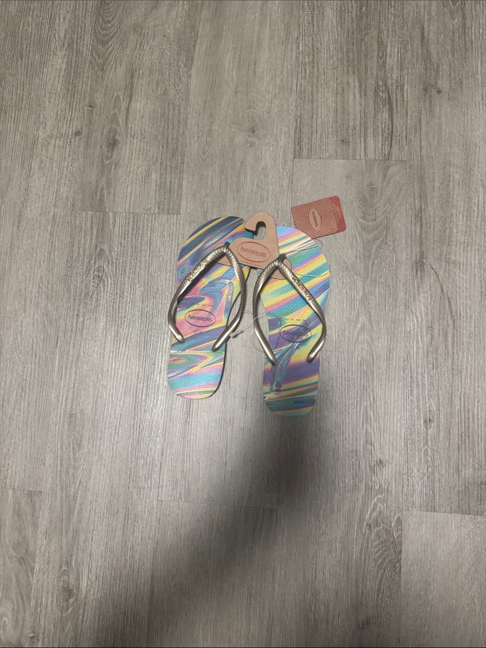 Havaianas Rainbow Striped Flip Flop Sandals with Gold Straps